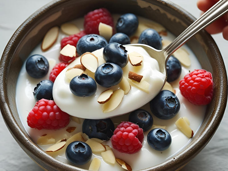 A close-up of a bowl of yogurt with berries, a great source of probiotics for gut health.