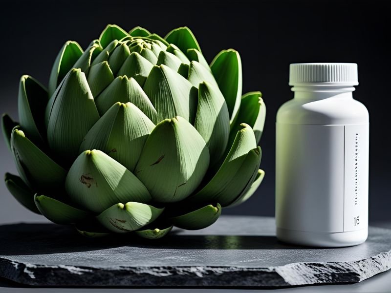 A fresh green artichoke next to a bottle of NOW Foods Artichoke Extract supplements from iHerb.