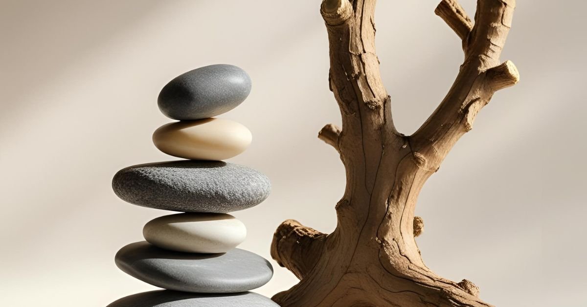A serene image showing a fresh ashwagandha root next to a stack of balanced stones, symbolizing stress relief and balance.