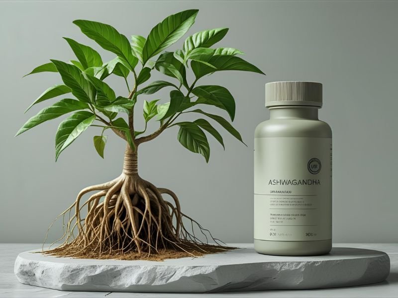 A bottle of Ashwagandha supplements from iHerb next to the Ashwagandha (Withania somnifera) plant root and leaves, showing its natural origin.