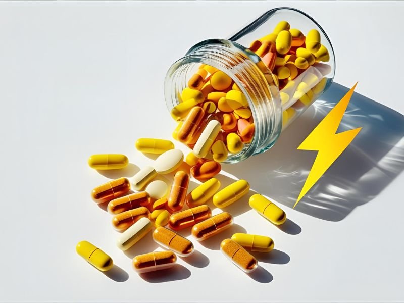 A vibrant arrangement of B-Complex vitamin pills next to a lightning bolt icon, symbolizing their role in producing mental energy.