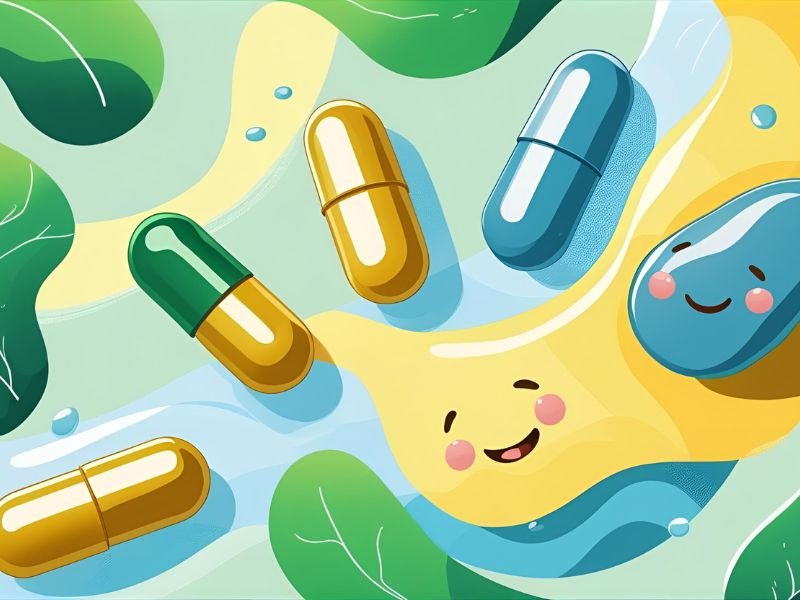 Artistic illustration of herbal supplement capsules and healthy gut microbiome bacteria for digestive wellness