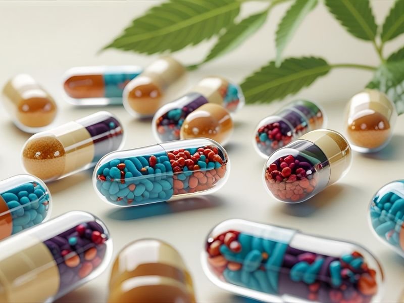 Artistic illustration of herbal supplement capsules and healthy gut microbiome bacteria for digestive wellness