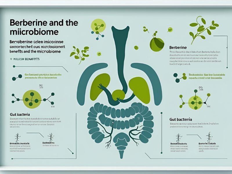 Scientific illustration showing how berberine transforms gut microbiome for optimal health