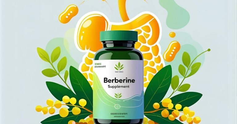 Illustration of best berberine supplement for gut health on iHerb with natural plant extracts and healthy gut microbiome