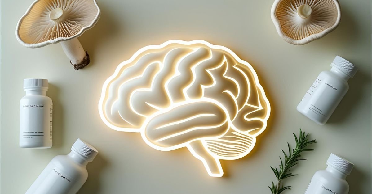 A collection of the best brain health supplements, including Lion's Mane and Omega-3, arranged on a clean background to illustrate a guide to cognitive health.