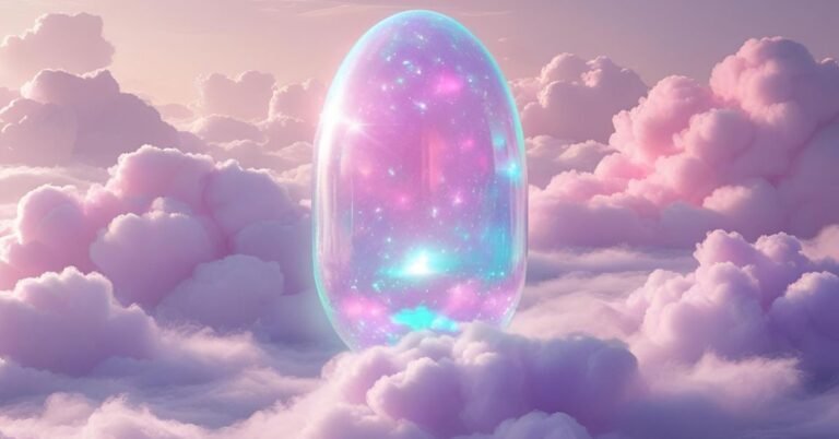 A glowing magnesium supplement capsule for sleep floating on a soft bed of clouds.