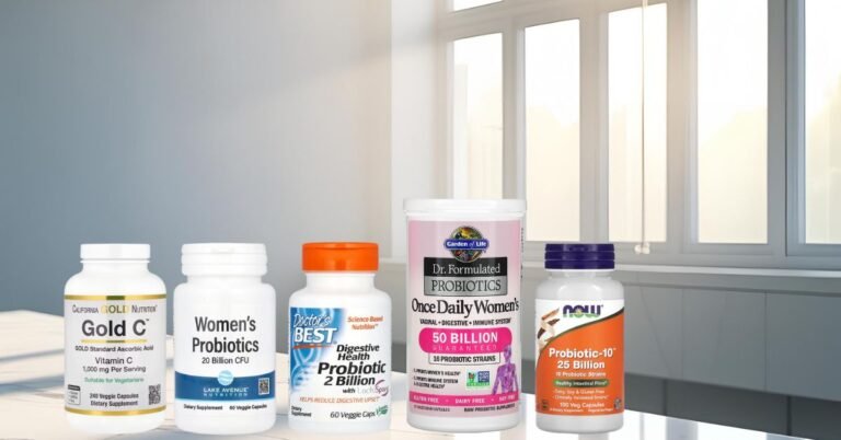 A flat lay image showing the five best probiotic supplements on iHerb that are featured in this 2025 review.