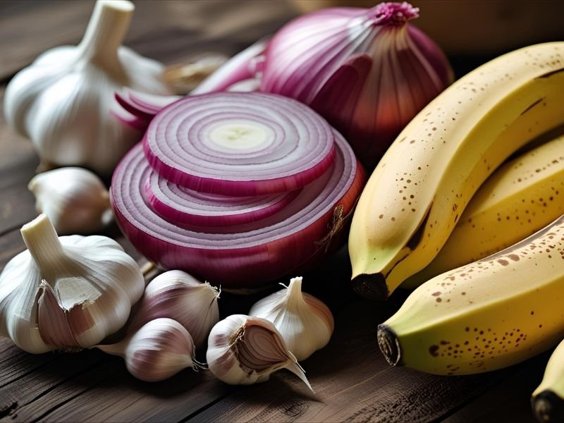 Prebiotic foods like garlic, onions, and bananas to support probiotics