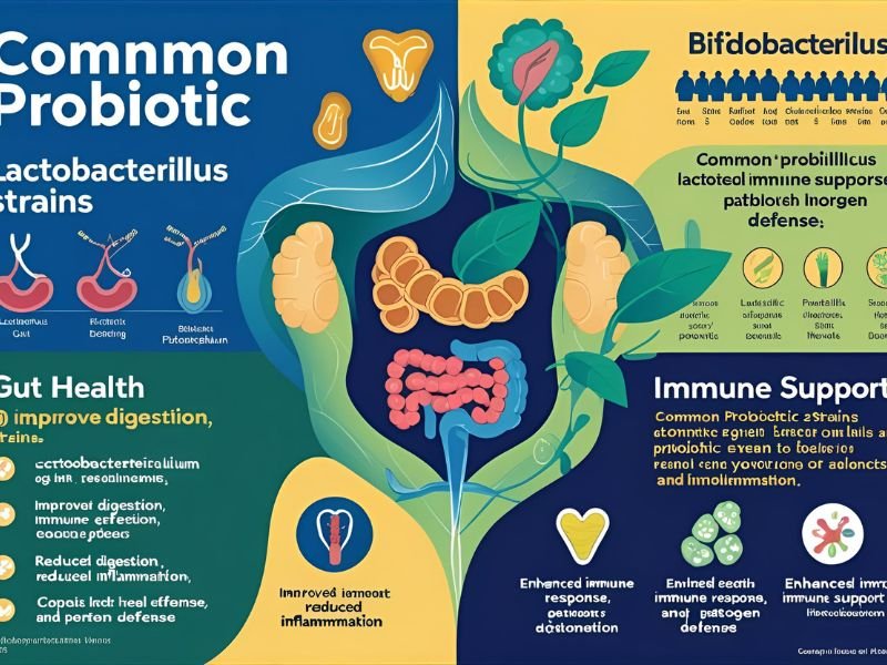 Informative infographic illustrating common probiotic strains and their health benefits for gut and immune support in 2025