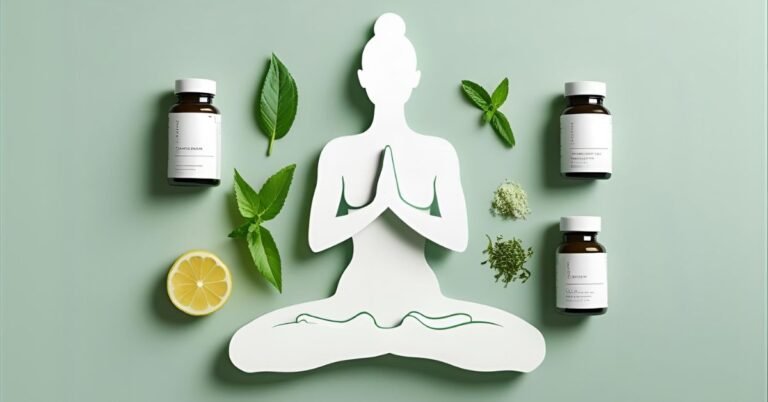 A serene flat lay of the best supplements for anxiety, including Ashwagandha and L-Theanine, on a calming, soft green background.