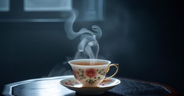 A warm, steaming cup of herbal tea, representing the best tea for sleep and relaxation, on a bedside table at night.