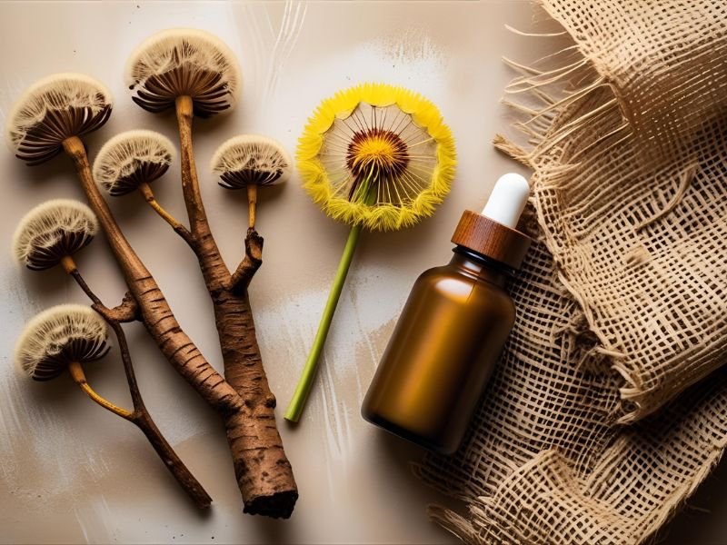 Dandelion root and the bright yellow flower next to a bottle of Nature's Way Dandelion Root supplements.