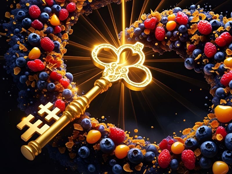 An artistic image of a glowing key unlocking a food particle, symbolizing the digestive enzymes benefits.