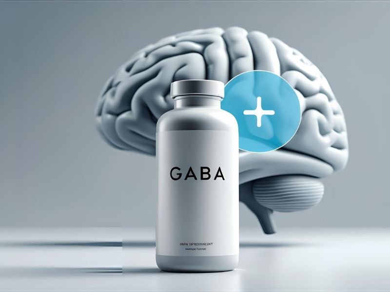 A conceptual image of a GABA supplement bottle with a graphic of a 'pause' symbol over a brain, representing its calming effect.