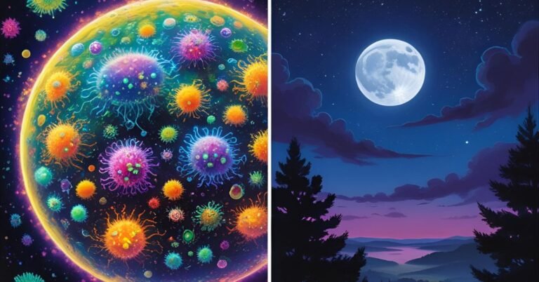 An artistic image illustrating the connection between gut health and sleep, with a healthy microbiome on one side and a restful night sky on the other.