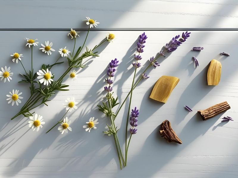 A flat lay of the best herbs for sleep tea: chamomile, lavender, and valerian root.