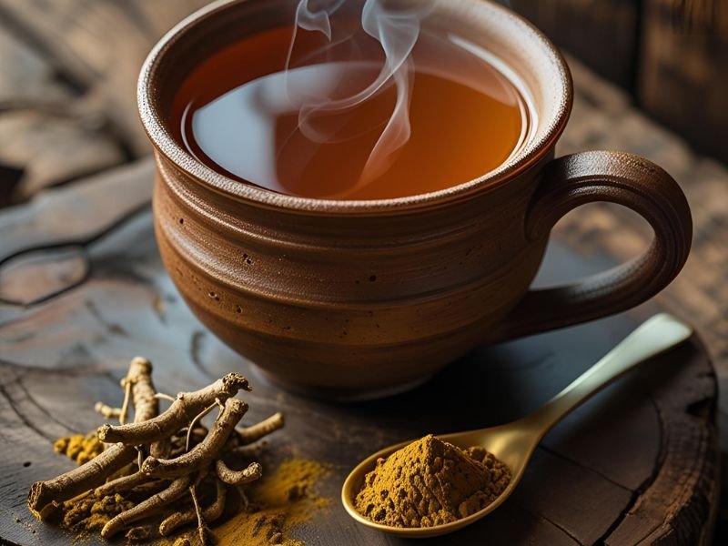 A warm cup of herbal tea representing the calming benefits of using ashwagandha for stress relief.