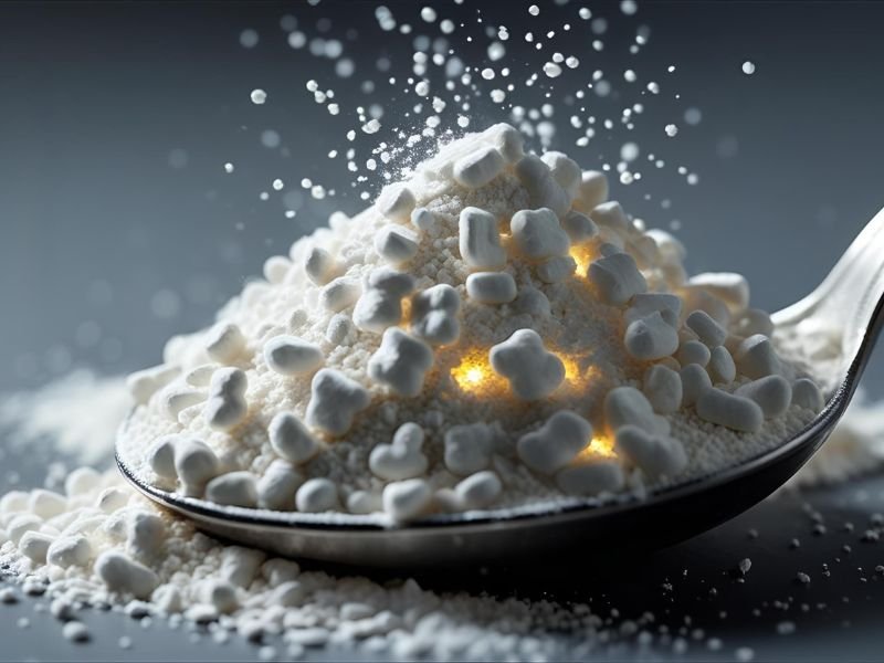 A close-up of pure L-Glutamine powder on a spoon, illustrating its role in gut health.