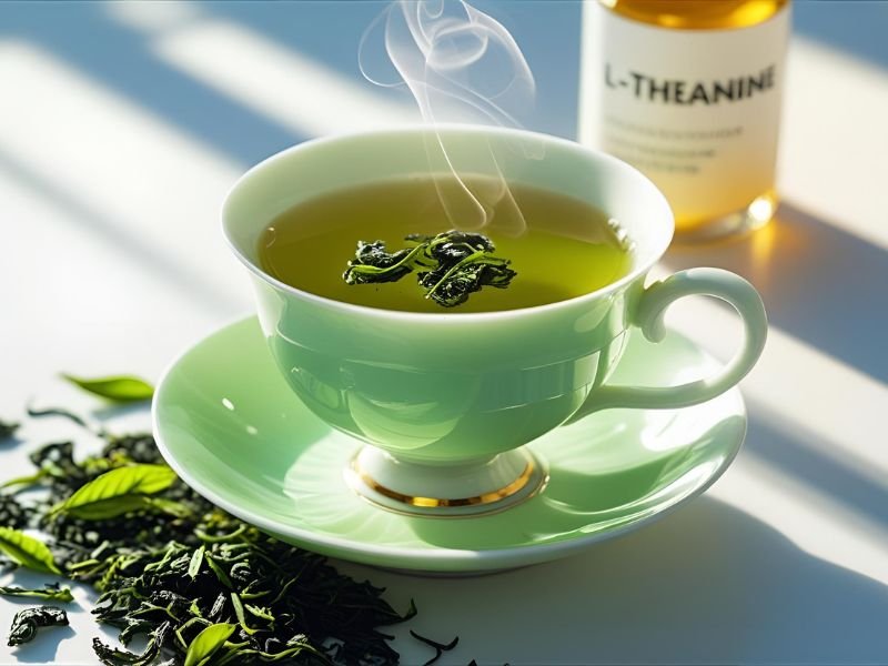 A clear teacup of green tea, the source of L-Theanine, next to a bottle of L-Theanine supplements from iHerb for calm focus.