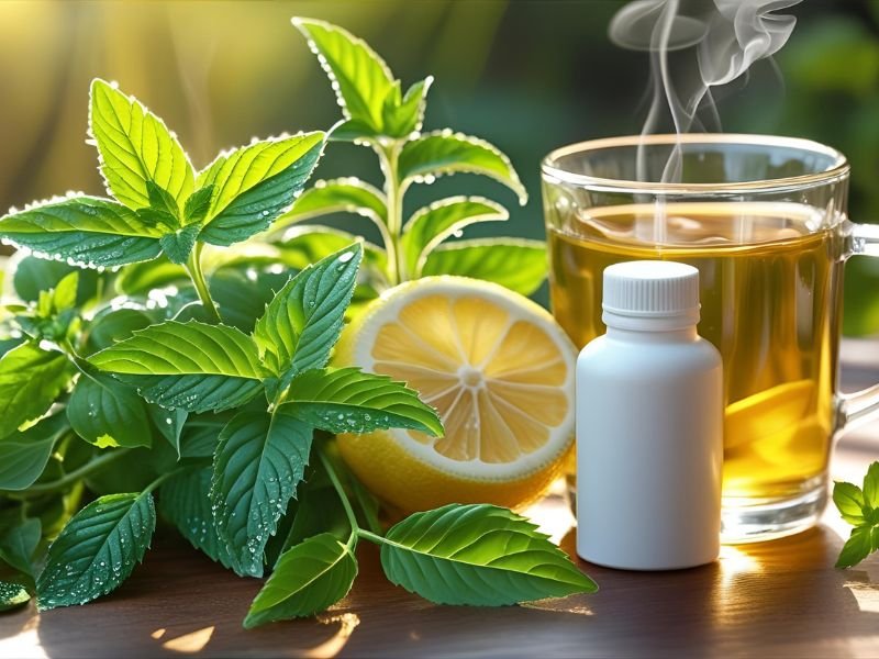 A fresh bunch of lemon balm leaves next to a cup of herbal tea and a bottle of iHerb supplements for gentle anxiety relief.