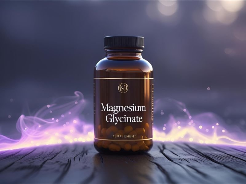 A bottle of Magnesium Glycinate supplements surrounded by a soft, glowing light to represent its role as the ultimate relaxation mineral for anxiety.