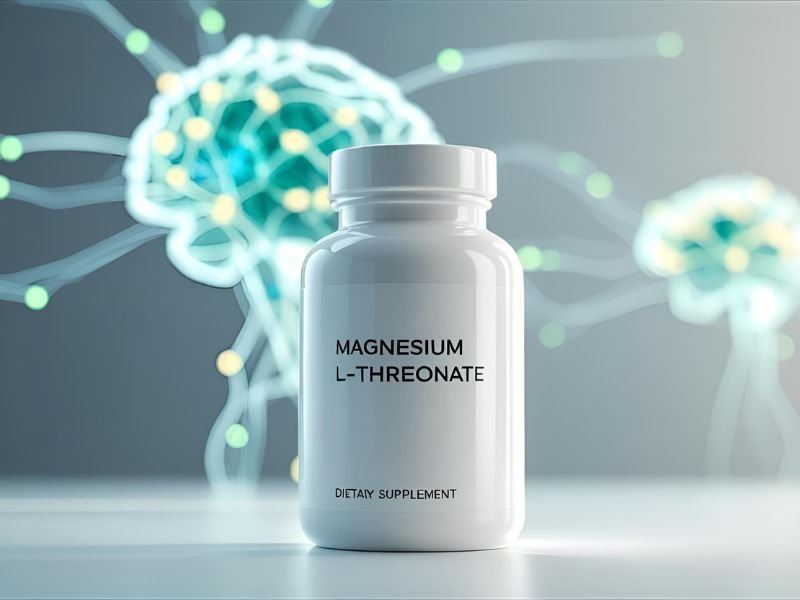 A scientific-themed image of a Magnesium L-Threonate supplement bottle with an illustration of a brain's synapses in the background.