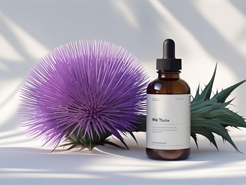 A vibrant purple milk thistle flower next to a bottle of California Gold Nutrition Silymarin Complex from iHerb.