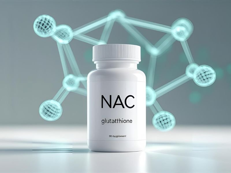 A bottle of NOW Foods NAC with a graphic illustrating its role in creating the master antioxidant glutathione.