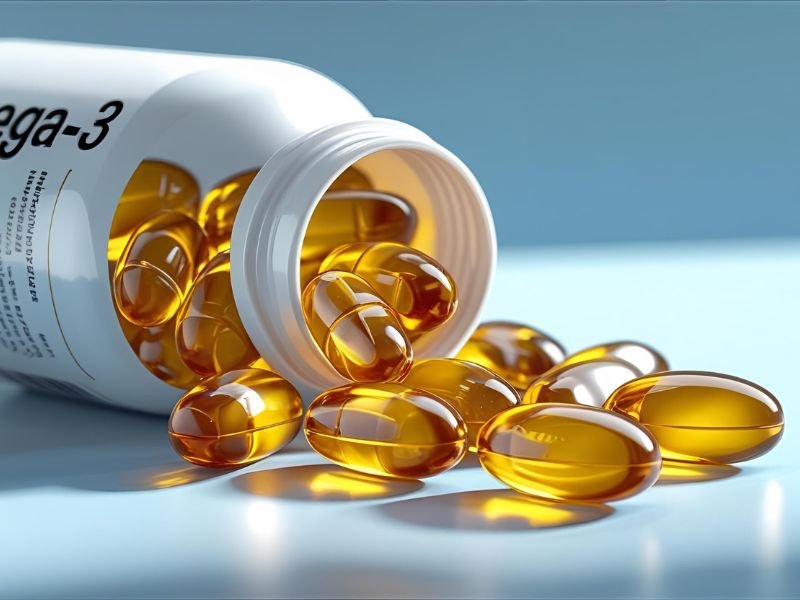 A close-up of golden Omega-3 fish oil softgels next to a modern iHerb supplement bottle, highlighting a key supplement for brain health.