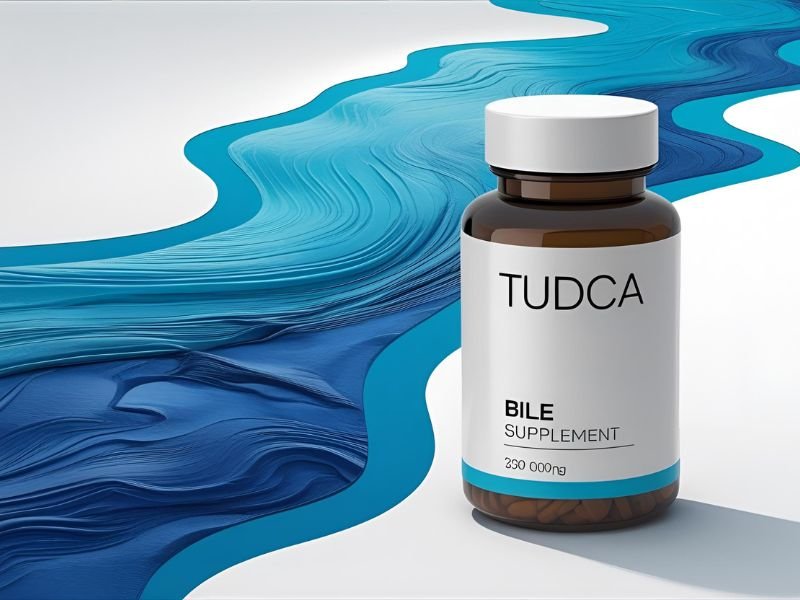 A bottle of TUDCA with a visual representation of flowing blue liquid, symbolizing healthy bile flow for liver support.