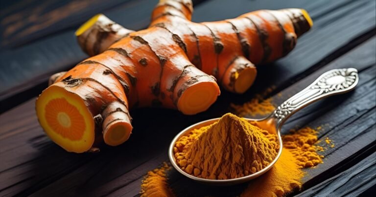 A vibrant image of a turmeric root and golden curcumin powder, illustrating the turmeric curcumin benefits.