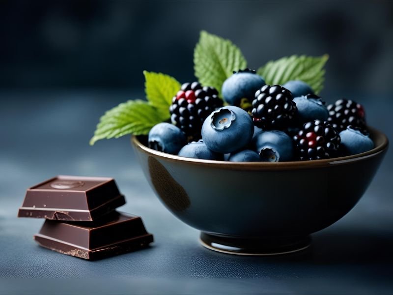 A bowl of dark berries and a square of dark chocolate, representing polyphenol-rich foods that help kill bad gut bacteria.