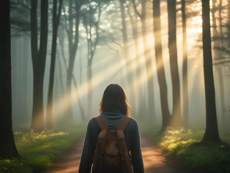A person taking a tranquil walk on a misty forest path, illustrating how connecting with nature is a natural way to manage stress and support gut health.
