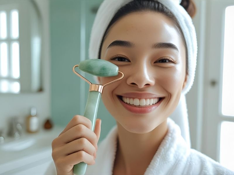 beginner using jade roller, focused