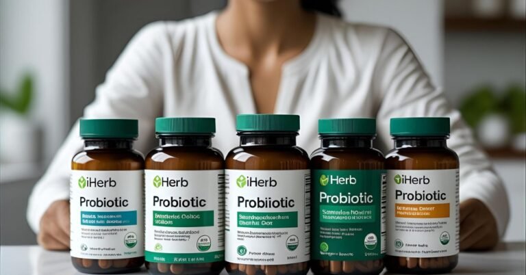 Best probiotic iHerb reviews 2025 – flat lay of top probiotic supplement bottles
