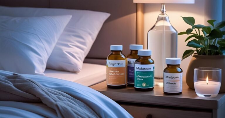 Relaxing bedroom scene with sleep supplements and calming elements