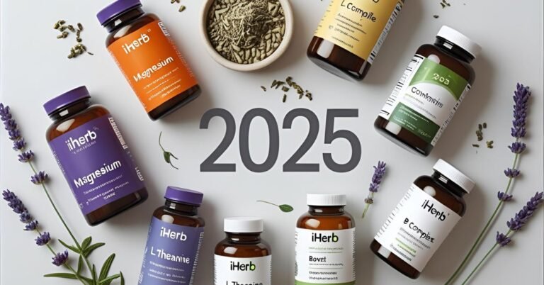 Best stress relief supplements on iHerb 2025, showing various supplement bottles and a calming lavender plant.