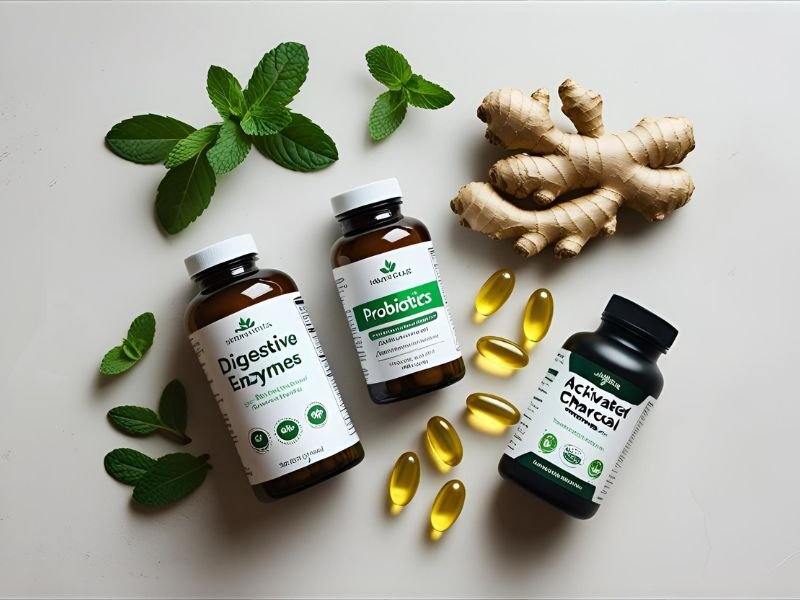 A toolkit of different supplements for bloating, including digestive enzymes, probiotics, ginger, and peppermint.