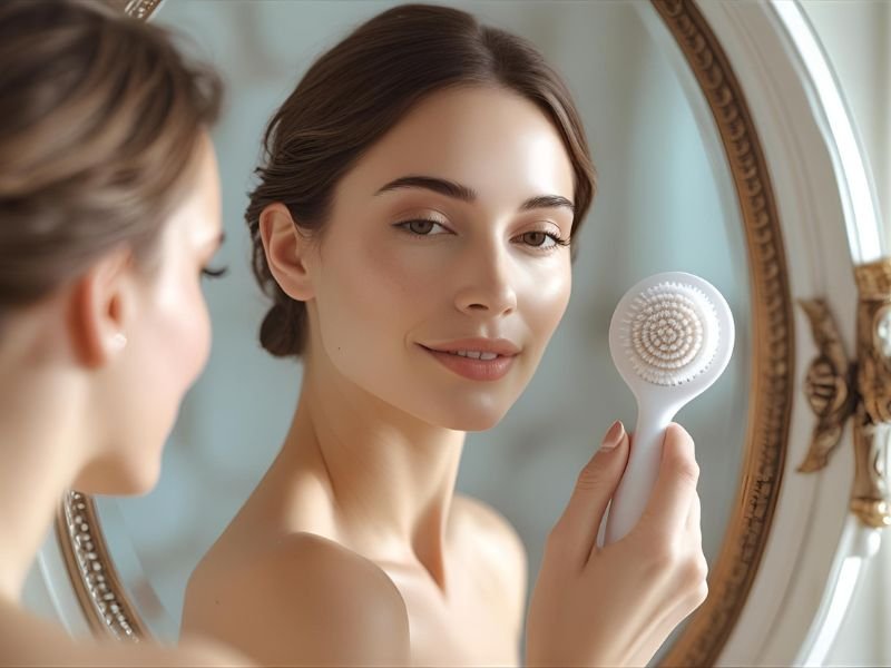 woman using facial cleansing brush