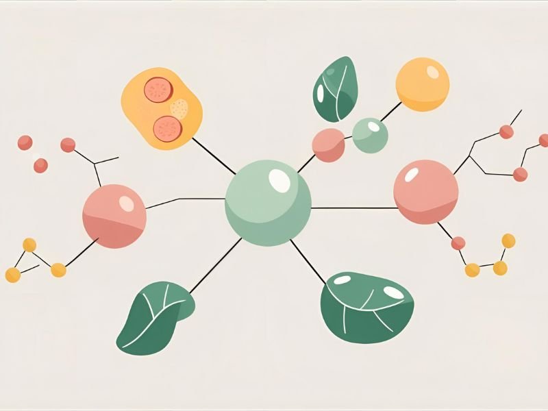 An illustration of digestive enzymes breaking down food molecules, a key function of supplements for bloating.