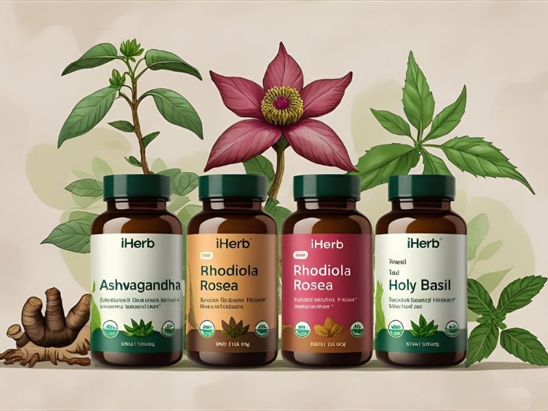 Bottles of Ashwagandha, Rhodiola Rosea, and Holy Basil herbal adaptogen supplements, with their respective plant illustrations in the background.