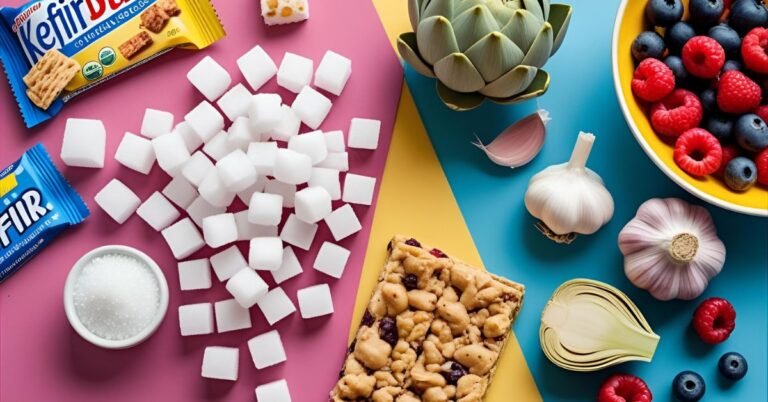 A visual guide explaining how to get rid of bad gut bacteria by avoiding sugar and eating gut-healing foods like kefir and vegetables.