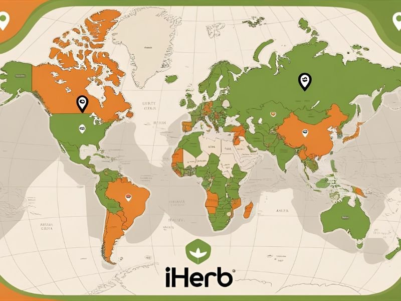 Map showing global shipping coverage of iHerb for sleep supplements with customs and delivery icons