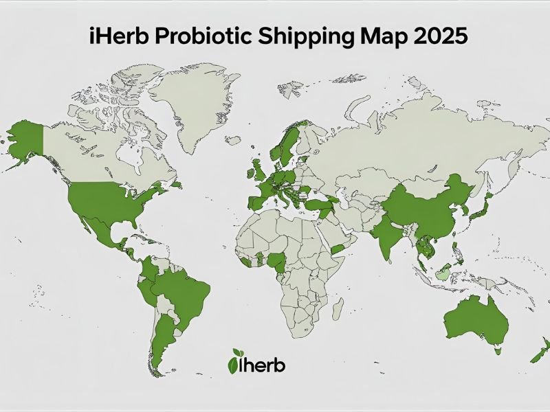 Global map showing countries where iHerb probiotics ship in 2025