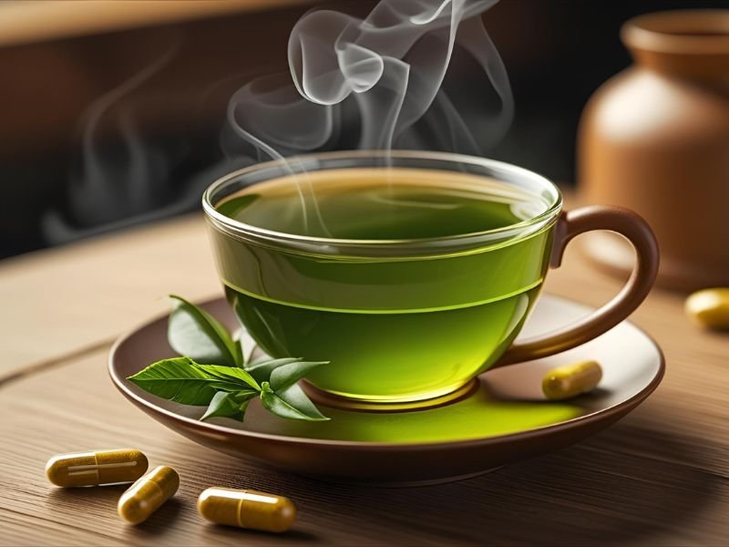 A warm cup of green tea next to L-Theanine and GABA supplement capsules, signifying calmness without drowsiness.