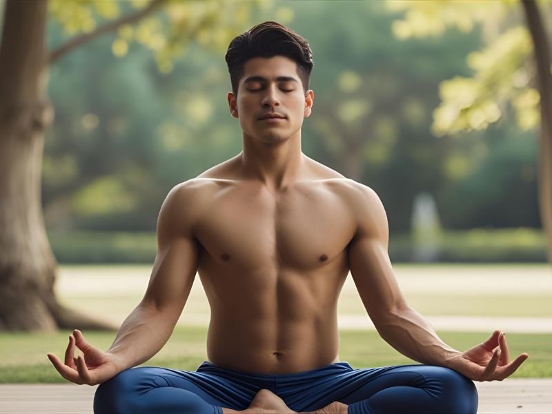 Photo of a person in a serene yoga pose (e.g., child's pose, simple meditation) in a peaceful outdoor setting (park, beach, garden). The image should convey calmness, balance, and well-being. Soft, natural lighting.