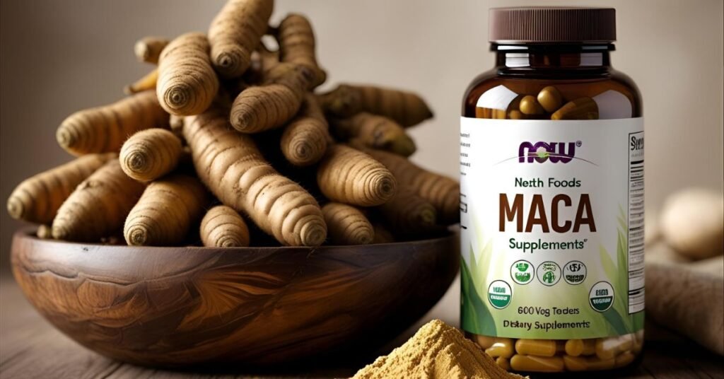 Fresh maca roots and maca powder in a bowl next to a bottle of NOW Foods Maca supplements for energy and vitality.