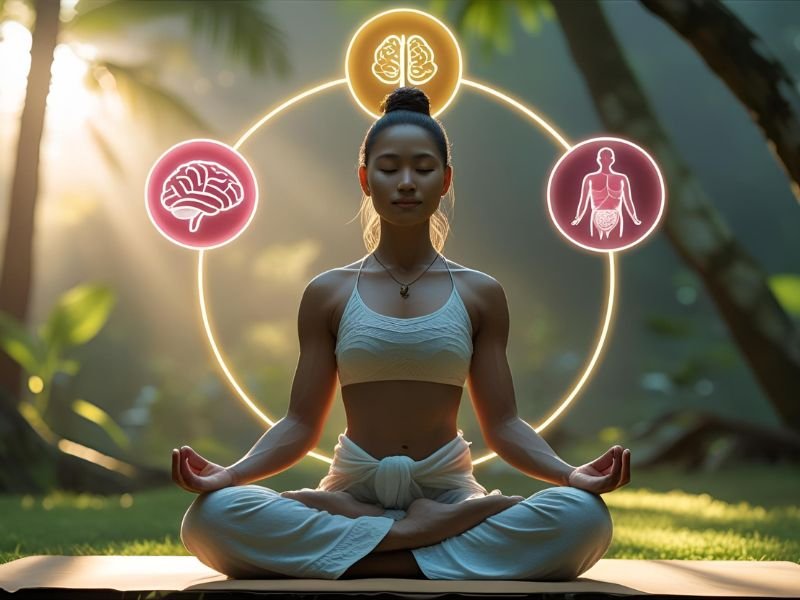 Person meditating in a serene natural setting, with subtle transparent icons of a calm mind and healthy gut overlaid, representing holistic wellness.