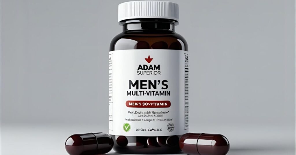 A bottle of NOW Foods ADAM Superior Men's Multi-Vitamin with a few softgels displayed, showing a foundational mens health supplement.